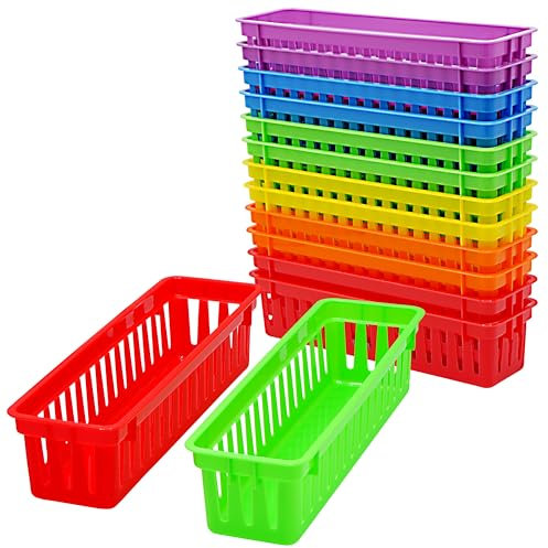 4E's Novelty 12 Pack Pencil Holder for Kids Desk, Colorful Plastic Pen Baskets Tray for Organizing Classroom Supplies, Plastic Caddy for Desk and Elementary Teacher Supplies for Classroom