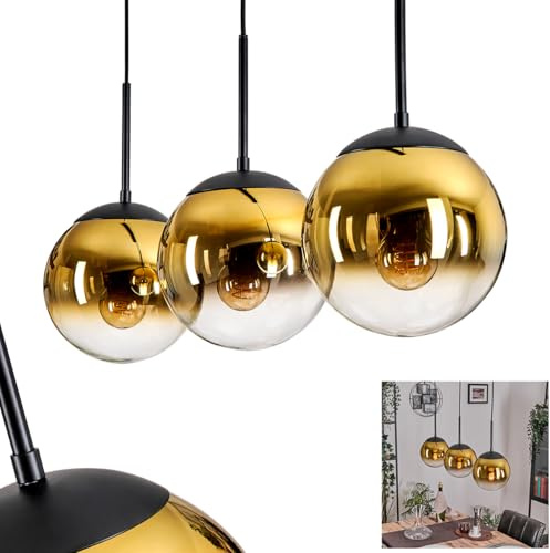 HOFSTEIN Hängeleuchte Gastor, Hängelampe aus Metall/Glas in Schwarz/Goldfarben/Klar, Leuchte im Retro/Vintage-Design m. Schirmen aus Glas (Ø 20 cm), Höhe max. 137 cm, 3x E27, ohne Leuchtmittel