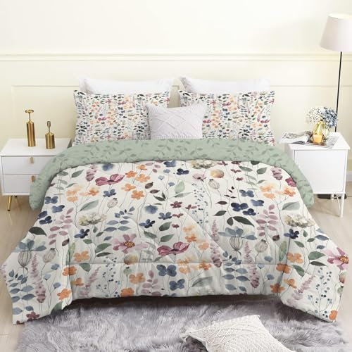 Linfye Couette 220x240 cm Plante Beige Imprimée 4 Saisons pour Lit 2 Personnes, Empreintes Vertes Couette sans Houss et 2 Taies d'oreiller 65x65 cm, Edredon Réversible Legere et Chaud