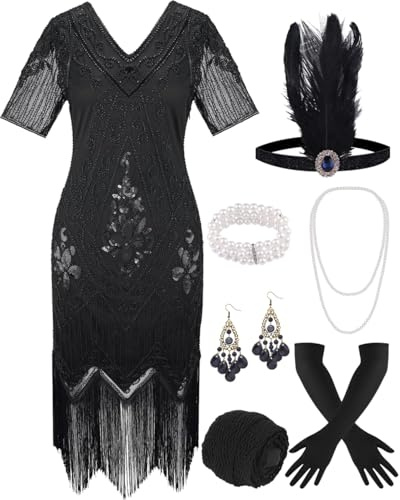 ELFIN 20er Dresses Flapper Kleid Damen Fransen Pailletten Kleid 20er Party Kleid Accessoires 1920er Kostüm Kleider mit Stirnband, Kopfbedeckung, langen schwarzen Handschuhen, Halskette
