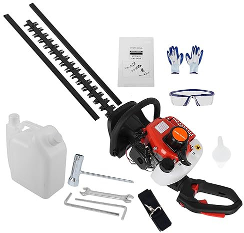26cc Petrol Hedge Trimmer, Petrol Strimmer, 24 Blades Petrol Brush Cutter, Petrol Long Reach Hedge Trimmer, 740W 7500RPM Upgraded Grass Trimmer for Graden Yard Lawn (Red)
