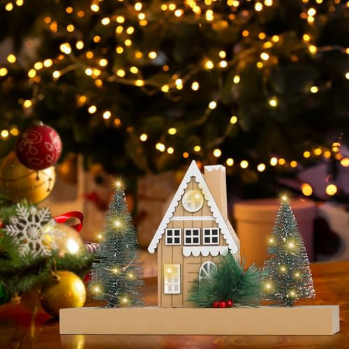 Weihnachtsdorf mit Beleuchtung Aus Holz,Weihnachtsdeko Holz mit LED-lichtern,Weihnachtsdeko Innen Minihäuser und Zubehör,Holzhaus Deko 28.6 cm×26.6 cm × 5.2 cm,Häuser Deko(Batterien Nicht Enthalten)