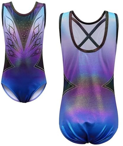EKalgretrA Gymnastikanzug für Mädchen, ärmellos, Gymnastikanzug, Übungsanzug, ärmelloser Body, Ballerina, Performance-Tanzkleidung (Violettblau, 14A)