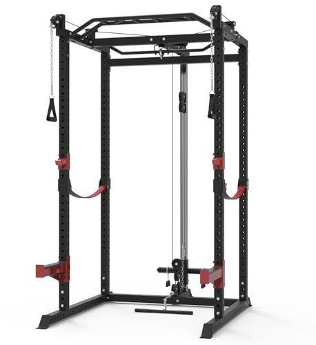 Train Hard® Power Rack Station de musculation Multipresse, presse à jambes, traction, traction latte, barre de dip, aviron, haltère longue et accessoires, modèle 2024 (C : 1F09766S3TH)