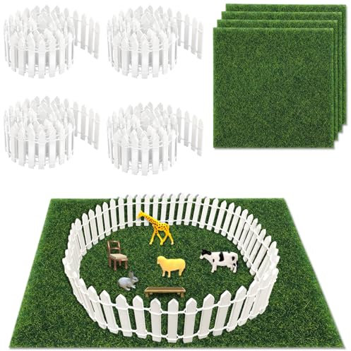 MaehSab 8 Pieces Fairy Fence Miniature Garden Ornament Set, 4 Pcs 35 Inch White Wood Picket Fence with 4 Pcs Fake Grass 6 x 6 Inches for Dollhouse Home Garden Miniature Ornament DIY Decoration