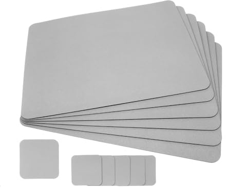 Placemat Set, 6 Faux Leather Placemats Grey (24 x 32 cm) and 6 Coasters (10 x 10 cm), Double-Sided, Washable, Non-Slip, Wrinkle-Free, Dirt-Repellent (Grey)