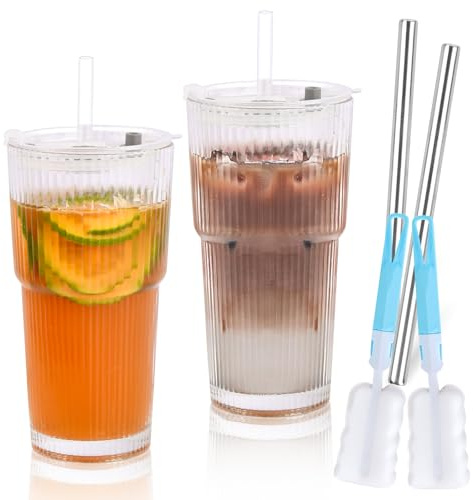 Mapille 2 Piezas 600 ML Vaso Cristal con Tapa y Pajita, Vasos de Vidrio Acanalado, Tazas de Café, Bubble Tea Taza, para Jugo Batidos Cóctel Refrescos Zumos Batidos, 4 Pajitas + 2 Cepillos de Limpieza