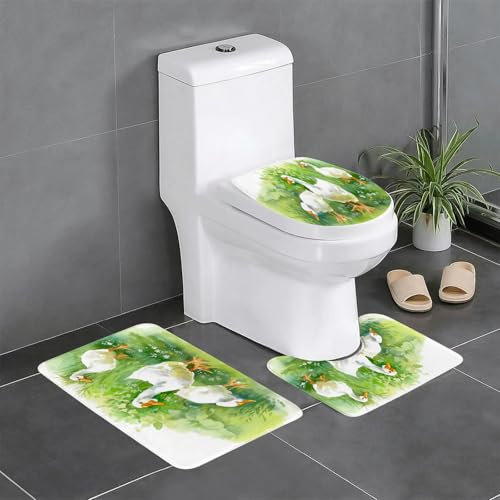 KGDHY Set di 3 tappetini da bagno,antiscivolo,lavabili,morbido e assorbente,tappeto da bagno,tappetino da doccia,Anatra, oca in fattoria Lago Piante Erba Canne Fiori Stagno Animali Oche Piume Vita, v