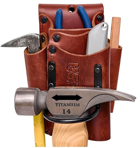 FESA Small Leather Tool Pouch - 5-in-1 Heavy Top Grain Leather Small Tool Pouch with a Steel Hammer Loop, 4 Pockets & Reinforced Heavy Duty Rivets - Fits Belts up to 3 - Handcrafted