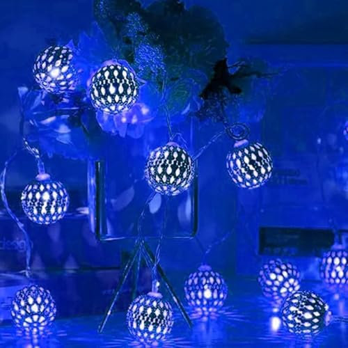 SHANJIA Cadena De Lámparas Esféricas LED, 5m 50LED Guirnalda de luces LED tipo globo funciona con pilas, para interiores, dormitorios, fiestas, cumpleaños, decoración de árbol de (Azul, Plateado)