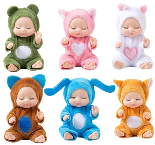 HoveeLuty Mini muñecas bebé, 6 Piezas de 4.3 Pulgadas, muñecas bebé realistas articuladas con Ropa de Animal, Lindas para niñas pequeñas de 3 años en adelante, Regalos de cumpleaños.