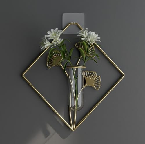 2 Wandvasen in Diamant Form mit Künstlich Wasserpflanzen Metall Blumenampel, Wandmontierte Topfpflanze Wandpflanzer Künstliche Pflanzen Künstliches Gras für Wohnzimmer (Raute Gold,2 pcs)
