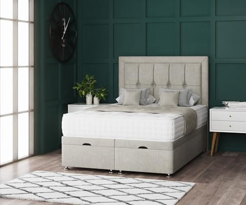 Comfy Deluxe LTD Linen Fabric Ottoman Bed Set with Silk 1000 Pocket Mattress and 26 Venice Headboard (Beige, 3FT - Single (90cm X 190cm))