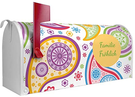 banjado® Amerikanischer Briefkasten - US Mailbox/Letterbox mit Motiv Paisley bunt 51x22x17cm - Postkasten Stahl aus Amerika – Briefkasten amerikanisch weiß pulverbeschichtet