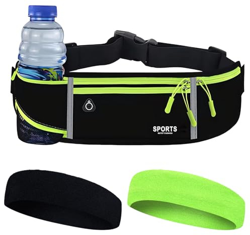 Cintura Running Uomo e Donna Borsa Banana Impermeabile+Due Cinghie di Sudore con Porta Bicchiere d'acqua Tasca per Cellulare e Foro per Casco, Borsa Corsa a Piedi per Tutti I Telefoni