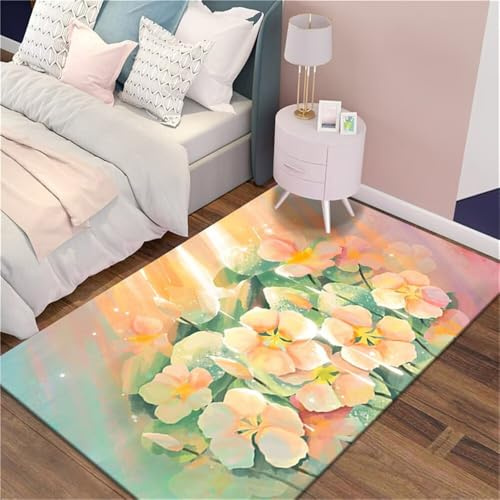 RUGMRZ Jugendzimmer Komplett Set Teppich Draussen Outdoor Rosa grüne Blumen sind waschbar Flokati Mädchen 80X120CM