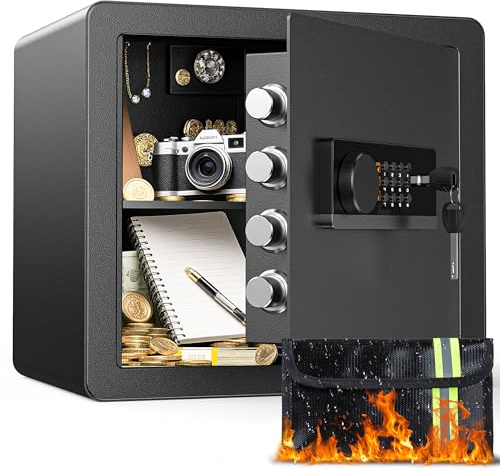 1.4 Cubic Feet Safe Box with Fireproof Waterproof Bag, Anti-theft Home Safe for Money Cash Documents Valuables, Digital Security Box with Alarm System, Electronic Keypad, Removable Shelf