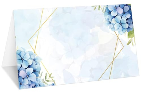 Blue Hydrangea Place Cards, Set of 25 Floral Tent Name Cards for Table Setting, Food Label for Wedding, Baby Shower, Birthday Dinner Party Supplies -020