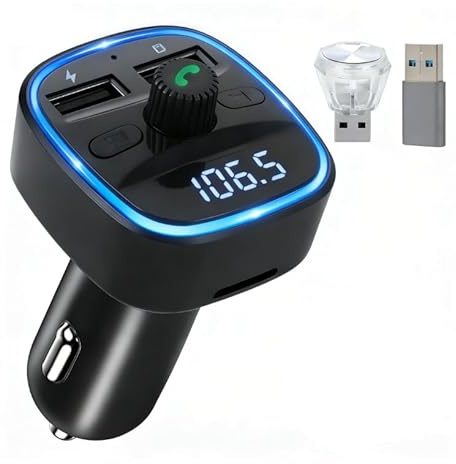 Transmetteur FM Bluetooth 5.3 pour Voiture, Adaptateur Bluetooth Voiture, Connecteur Bluetooth, Adaptateur Allume-Cigare avec 2 Ports USB, Écran LED, Kit Mains Libres, Lecteur de Musique