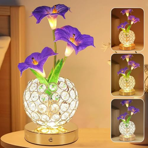 Table Flower Lamps, 3 Colors Touch Stepless Dimming Crystal Night Light, Rechargeable Artificial Flower Light, LED Flower with Vase Lamp Romantic Decor for Date Party Home (Morning Glory-Purple)
