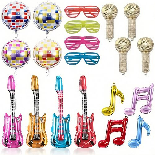Instrumentos Inflables para Niños – Set de 4 Guitarras con Cascabeles, 4 Micrófonos, 4 Gafas de Sol y 4 Globos de Notas Musicales Fiestas de Tema Rock, Cumpleaños y Decoraciones