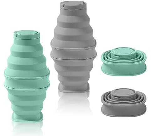 yotutun 2 Botella de agua plegable de silicona de 600 ml, Botella de agua portátil plegable, Botella deportiva de silicona a prueba de fugas para deportes al aire libre (Verde + Gris)