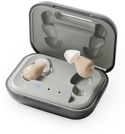 Hearing Aids for Seniors, Rechargeable OTC Hearing Aids with Noise Reduction, Providing Clear Sound Quality and Comfortable Wearing for Adults Hearing Loss, Invisible In-Ear Design, Auto On/Off (Light Gray)