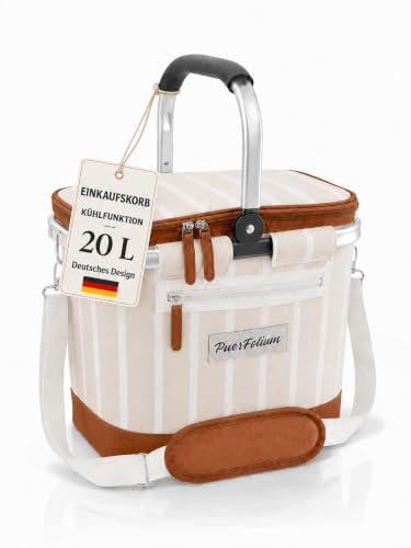 PuerFolium Kühltasche Einkaufskorb Kühlkorb 20L Faltbar Isoliert Thermo mit Deckel Reißverschluss Abnehmbarer Picknickkorb Aluminiumrahmen Thermokorb Schultergurt verstärkt für Einkauf Picknick Beige