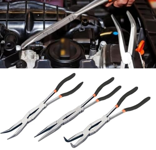 Tidevib Long Reach Needle Nose Pliers with 45 and 90 Bent Tips, Compound Joint Enhanced Jaw Opening, High Carbon Steel Set