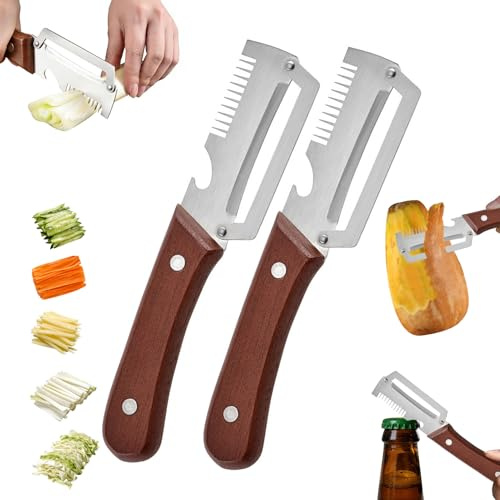 Multifunktionaler Sparschäler, Holzgriffschäler mit Fischschuppenschaber und Flaschenöffner, Küchenschaber Peeler zur Vermeidung Von Kratzern, Gemüseschäler für Gurken, Apfel, Kartoffelschäler (Set A)