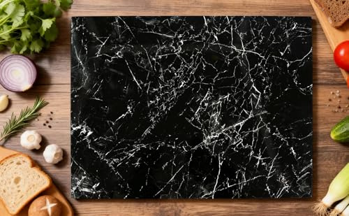 Unibos | Large Glass Chopping Board 50 x 40 cm – Black Marble Effect Tempered Glass Worktop Saver, Heat Resistant, Scratch Resistant, Non-Slip Silicone Feet, Kitchen Hob Cover Protector