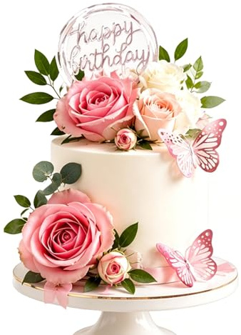 Floruvia 25 Stück Blumige Tortenaufsatz Deko, Happy Birthday Kuchendekoration Mit Kunstrosen, Schmetterlingen, Blättern Für Geburtstag Hochzeit Babyparty (Pink)