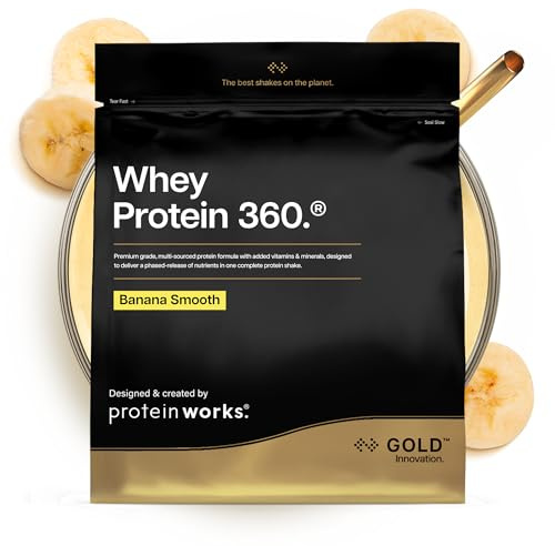 The Protein Works – Protéine Whey 360 Pure Avec Shaker et Cuillère Gratuits – Milkshake Banane, 600g | Whey Protéine en Poudre, Mélange Premium de 3 Protéines, Enzymes Digestives, 12 Vitamines & Minéraux, 20 portions