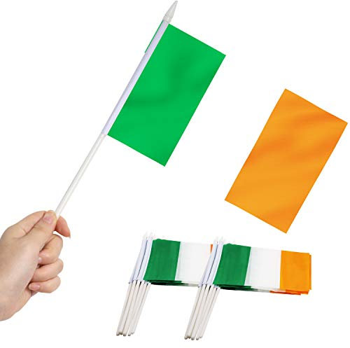 Ireland Stick Flag, ANLEY Irish National 5x8 inch HandHeld Mini Flag With 12 White Solid Pole - Vivid Color and Fade Resistant - Hibernian 5 x 8 inch Hand Held Stick Flags With Spear Top (1 Dozen)