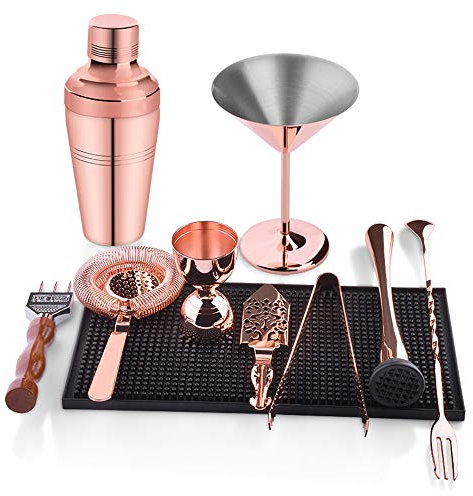 Set cocktail in acciaio inox 10 pezzi, kit shaker per cocktail Boston in confezione regalo con accessori inclusi vetro, jigger, colino, cucchiaio, muddler, versatore