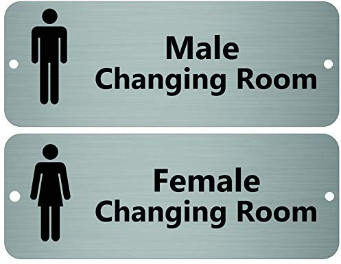 Male and Female Changing Room Signs, Aluminium Twin Pack, 20 x 7.5 cm | Brushed silver door plaques, choose holes centred on short sides or no holes with 4 adhesive stickers, UK made