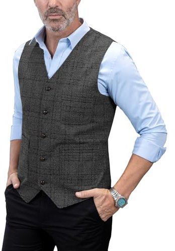 Solove-Suit herr elegant kostym väst rutig pläd smal passform ull tweed väst för bröllop, svart, XL