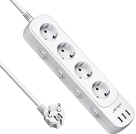 JSVER Steckdosenleiste 4 Fach mit USB Mehrfachsteckdose Einzeln Schaltbar Schreibtisch mit 3 USB Ladegerät Wandmontage Steckdosen (3680W) für Büro, zu Hause 2m Kabel-Weiß