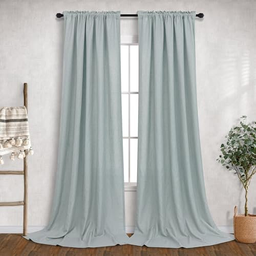 Mint Green Curtains 108 Inches Long for Living Room 2 Panels Rod Pocket Drapes Light Filtering Semi Sheer Linen Blue Teal Grey Curtains for Patio Sliding Door Lake House Backdrop Aqua Sage Seafoam 9FT