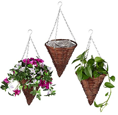 Relaxdays Blumenampel, 3er Set, Weide Korbgeflecht, handgefertigt, Folie, Eisenkette, Hängetopf HxD: 30 x 25 cm, braun