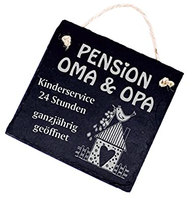 Schiefertafel Pension Oma und Opa - ganzjährig geöffnet - in 2 Größen (16 x 16 x 0,5 cm)
