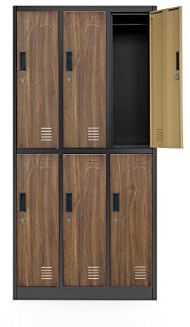 Jan Nowak Casier vestiaire 3B2A Armoire Metallique 6 Compartiments Revêtement en Poudre 185 cm x 90 cm x 45 cm (Anthracite/Imitation Bois)