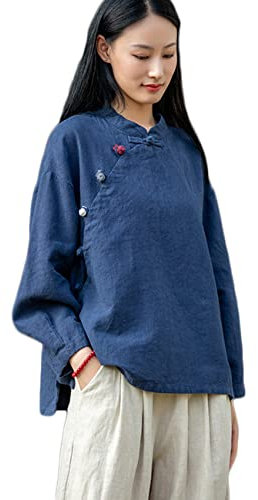 NFYM Chemisier en coton et lin pour femme - Manches longues - Style rétro chinois - Coupe ample, bleu marine, Taille Unique