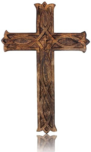 Holzschild, religiöses katholisches Kruzifix-Kreuz, Wanddekoration, 45 x 30 cm, französische Plakette, Blumen-Schnitzereien, Wohnzimmer, Dekoration, Kirche Kapelle, Antik-Optik, rustikales Finish