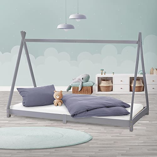ML-Design Kinderbett Tipi 90x200 cm mit Lattenrost, Hellgrau, aus Kiefernholz, Indianer Bett, Hausbett für Mädchen und Jungen, Kinderhaus Bodenbett Jugendbett Holzbett Bettenhaus Spielbett Zelt Holz