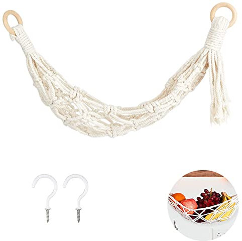 GZXYUAN Fruit Holder Net 22 Inch Hanging Fruit Basket Fruit Veggie Hammock Under Cabinet Banana Basket Cotton Handmade Woven with 2 Pcs Screw Hooks for Kitchen Home Rvs Storage