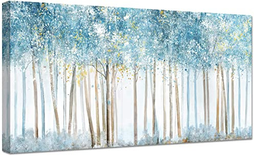 Wooden Framed Large Canvas Wall Art Blue Foggy Forest Tree Painting Abstract Landscape Canvas Prints Poster Wall Artwork Pictures for Living Room Bedroom Restaurant Home Office Decoration 50x100cm
