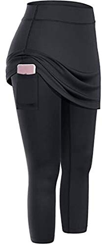 Leggings mit Rock Hosenrock Damen Tennisrock Sportrock Laufrock Golfrock Wanderrock mit 3/4 Capri Hose Damen Yogahose mit Rock mit Taschen