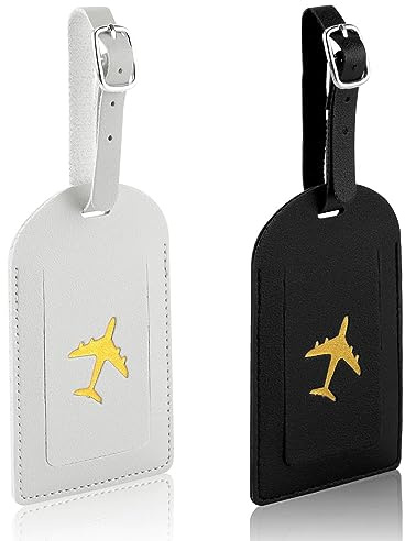 2 PCS Luggage Tags for Suitcases, PU Leather Baggage Labels Baggage Baggage Bag ID Tags with Adjustable Strap & Privacy Protection Cover Travel Bag Labels (White+Black)