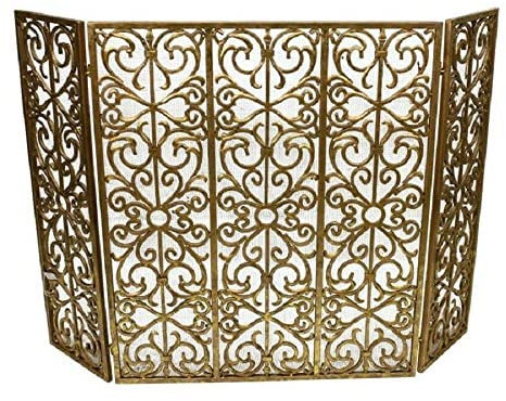 Kaminschirme, kunstvoll verzierte goldene Schriftrollen, Kaminschirm mit Mesh-Details der Alten Welt, Flacher Kaminschirm